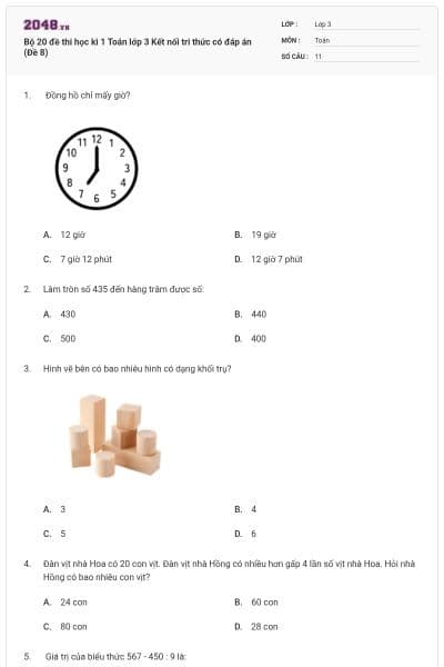 Bộ 20 đề thi học kì 1 Toán lớp 3 Kết nối tri thức có đáp án (Đề 8)