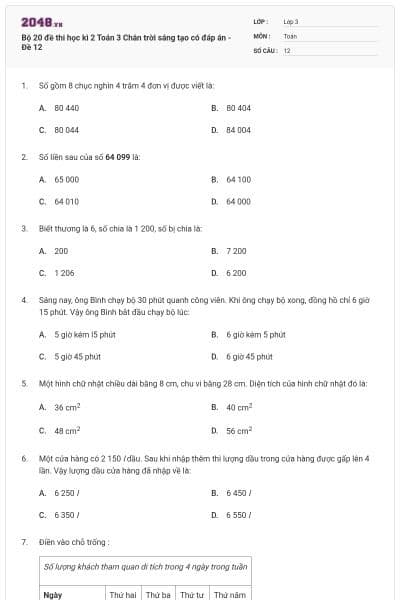 Bộ 20 đề thi học kì 2 Toán 3 Chân trời sáng tạo có đáp án - Đề 12