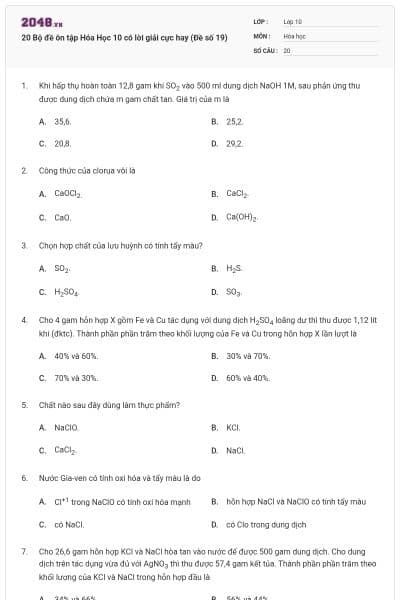 20 Bộ đề ôn tập Hóa Học 10 có lời giải cực hay (Đề số 19)