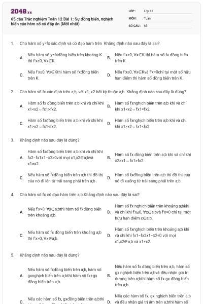 65 câu Trắc nghiệm Toán 12 Bài 1: Sự đồng biến, nghịch biến của hàm số có đáp án (Mới nhất)
