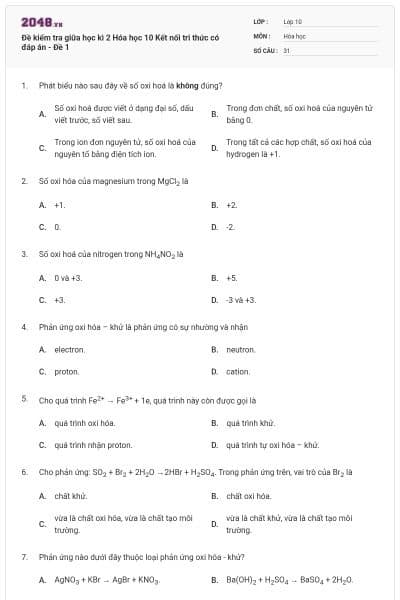 Đề kiểm tra giữa học kì 2 Hóa học 10 Kết nối tri thức có đáp án - Đề 1