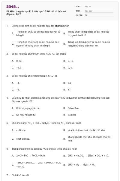 Đề kiểm tra giữa học kì 2 Hóa học 10 Kết nối tri thức có đáp án - Đề 2