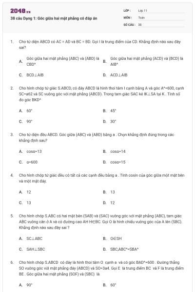 38 câu Dạng 1: Góc giữa hai mặt phẳng có đáp án