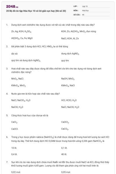 20 Bộ đề ôn tập Hóa Học 10 có lời giải cực hay (Đề số 20)
