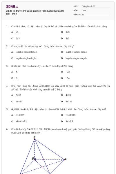 30 đề thi thử THPT Quốc gia môn Toán năm 2022 có lời giải - Đề 8