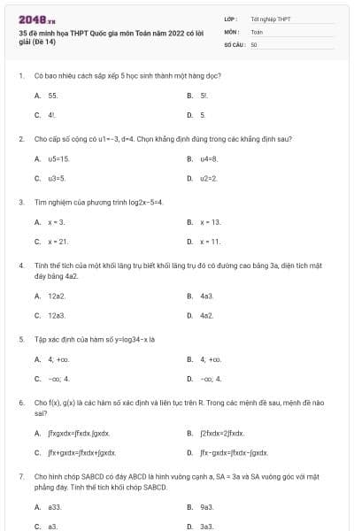 35 đề minh họa THPT Quốc gia môn Toán năm 2022 có lời giải (Đề 14)