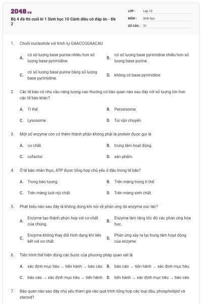 Bộ 4 đề thi cuối kì 1 Sinh học 10 Cánh diều có đáp án - Đề 2