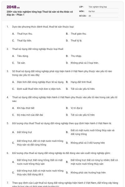 200+ câu trắc nghiệm tổng hợp Thuế tài sản và thu khác  có đáp án - Phần 1