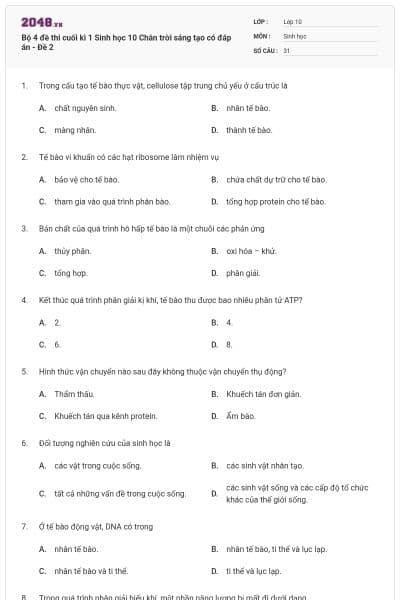 Bộ 4 đề thi cuối kì 1 Sinh học 10 Chân trời sáng tạo có đáp án - Đề 2