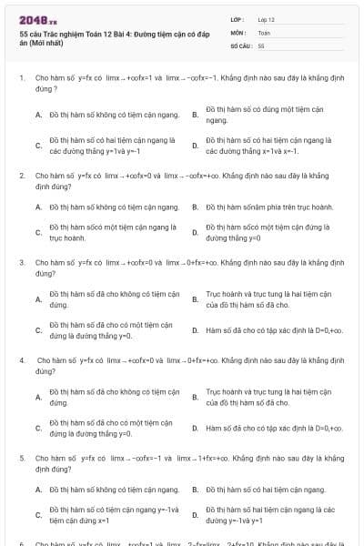 55 câu Trắc nghiệm Toán 12 Bài 4: Đường tiệm cận có đáp án (Mới nhất)