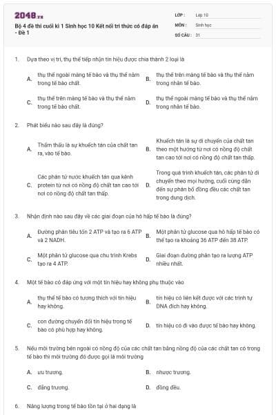 Bộ 4 đề thi cuối kì 1 Sinh học 10 Kết nối tri thức có đáp án - Đề 1