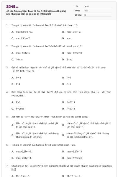 40 câu Trắc nghiệm Toán 12 Bài 3: Giá trị lớn nhất giá trị nhỏ nhất của hàm số có đáp án (Mới nhất)