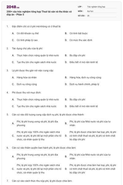 200+ câu trắc nghiệm tổng hợp Thuế tài sản và thu khác  có đáp án - Phần 5