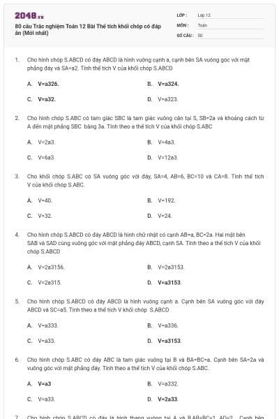 80 câu Trắc nghiệm Toán 12 Bài Thể tích khối chóp có đáp án (Mới nhất)