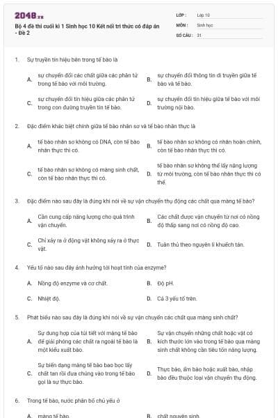 Bộ 4 đề thi cuối kì 1 Sinh học 10 Kết nối tri thức có đáp án - Đề 2