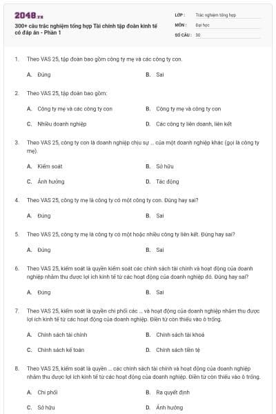 300+ câu trắc nghiệm tổng hợp Tài chính tập đoàn kinh tế có đáp án - Phần 1