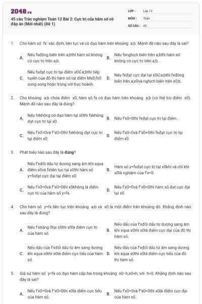 45 câu Trắc nghiệm Toán 12 Bài 2: Cực trị của hàm số có đáp án (Mới nhất) (Đề 1)
