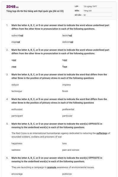 Tổng hợp đề thi thử tiếng anh thpt quốc gia (Đề số 33)