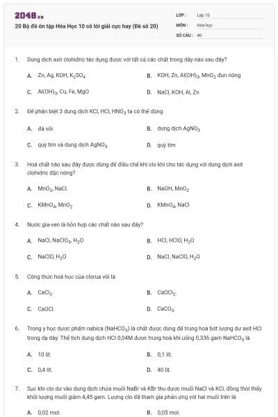 20 Bộ đề ôn tập Hóa Học 10 có lời giải cực hay (Đề số 20)