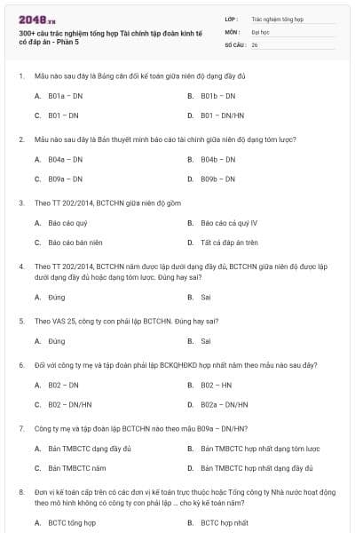 300+ câu trắc nghiệm tổng hợp Tài chính tập đoàn kinh tế có đáp án - Phần 5