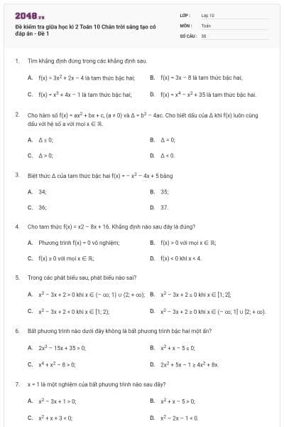 Đề kiểm tra giữa học kì 2 Toán 10 Chân trời sáng tạo có đáp án - Đề 1