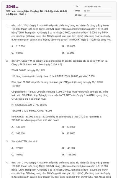 300+ câu trắc nghiệm tổng hợp Tài chính tập đoàn kinh tế có đáp án - Phần 9