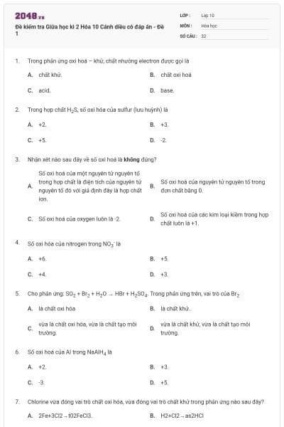 Đề kiểm tra Giữa học kì 2 Hóa 10 Cánh diều có đáp án - Đề 1
