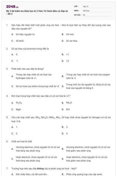 Bộ 2 Đề kiểm tra Giữa học kì 2 Hóa 10 Cánh diều có đáp án - Đề 2