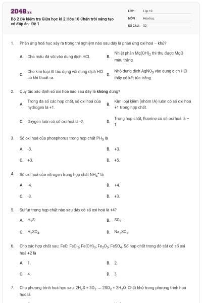 Bộ 2 Đề kiểm tra Giữa học kì 2 Hóa 10 Chân trời sáng tạo có đáp án- Đề 1