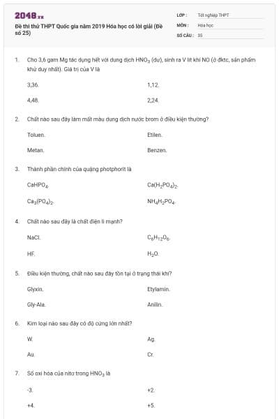 Đề thi thử THPT Quốc gia năm 2019 Hóa học có lời giải (Đề số 25)
