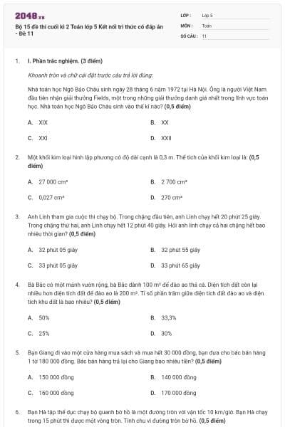 Bộ 15 đề thi cuối kì 2 Toán lớp 5 Kết nối tri thức có đáp án - Đề 11