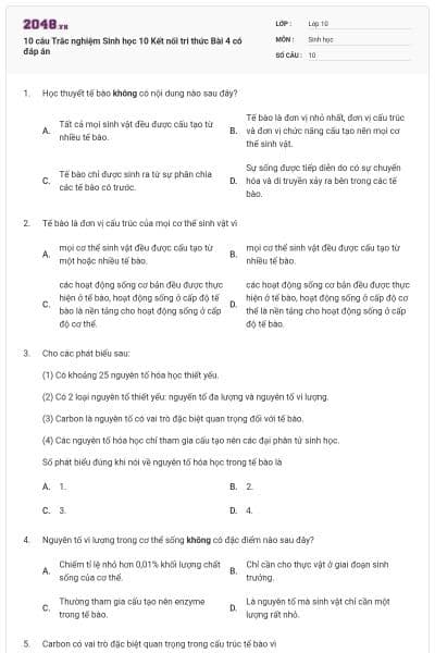 10 câu Trắc nghiệm Sinh học 10 Kết nối tri thức Bài 4 có đáp án
