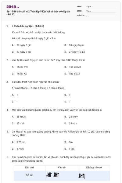 Bộ 15 đề thi cuối kì 2 Toán lớp 5 Kết nối tri thức có đáp án - Đề 13