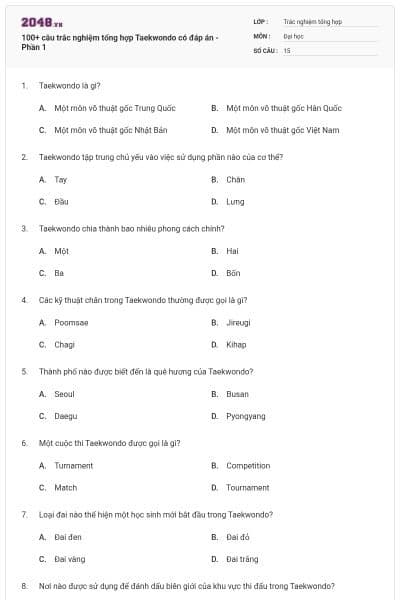 100+ câu trắc nghiệm tổng hợp Taekwondo có đáp án - Phần 1