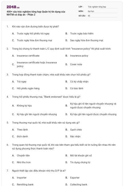 400+ câu trắc nghiệm tổng hợp Quản trị tín dụng của NHTM có đáp án - Phần 2