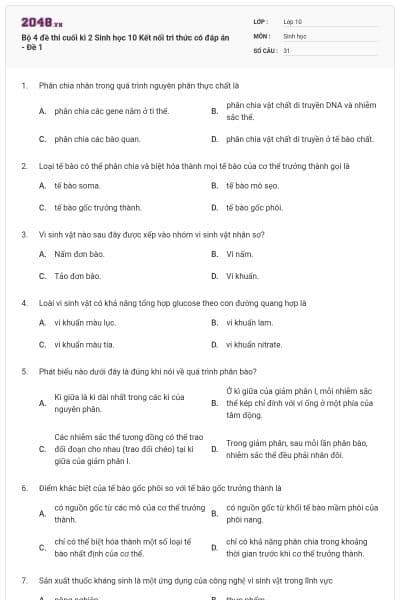 Bộ 4 đề thi cuối kì 2 Sinh học 10 Kết nối tri thức có đáp án - Đề 1
