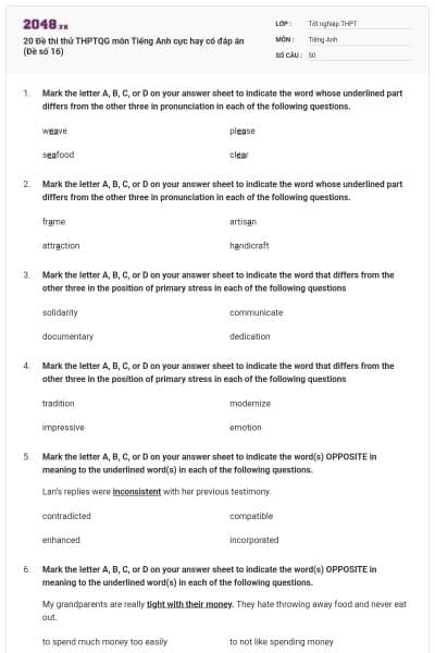 20 Đề thi thử THPTQG môn Tiếng Anh cực hay có đáp án (Đề số 16)