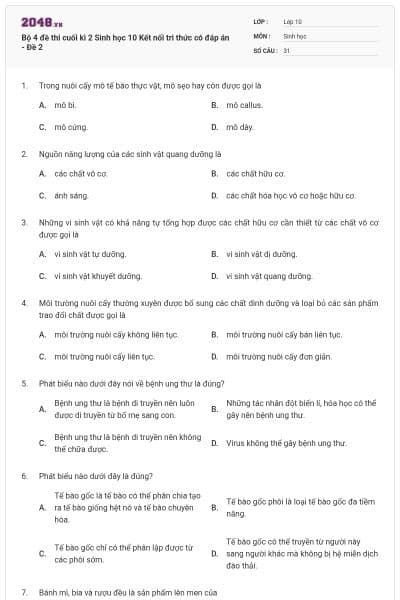 Bộ 4 đề thi cuối kì 2 Sinh học 10 Kết nối tri thức có đáp án - Đề 2