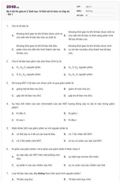 Bộ 4 đề thi giữa kì 2 Sinh học 10 Kết nối tri thức có đáp án - Đề 1