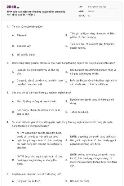 400+ câu trắc nghiệm tổng hợp Quản trị tín dụng của NHTM có đáp án - Phần 7