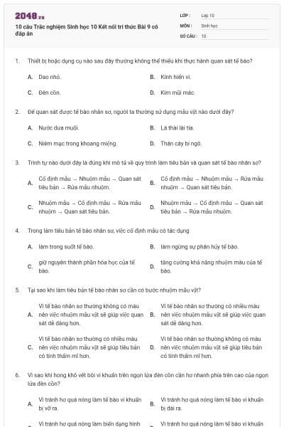 10 câu Trắc nghiệm Sinh học 10 Kết nối tri thức Bài 9 có đáp án
