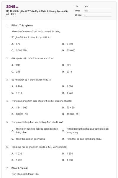 Bộ 10 đề thi giữa kì 2 Toán lớp 4 Chân trời sáng tạo có đáp án - Đề 1