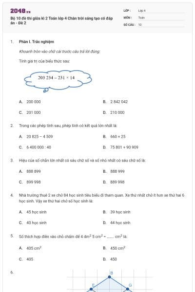 Bộ 10 đề thi giữa kì 2 Toán lớp 4 Chân trời sáng tạo có đáp án - Đề 2