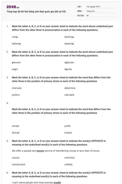 Tổng hợp đề thi thử tiếng anh thpt quốc gia (Đề số 34)