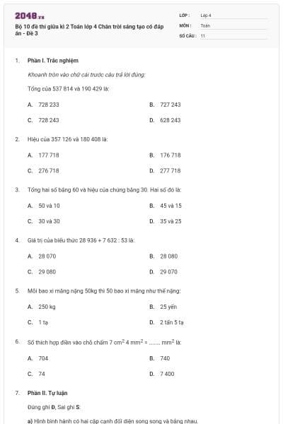 Bộ 10 đề thi giữa kì 2 Toán lớp 4 Chân trời sáng tạo có đáp án - Đề 3
