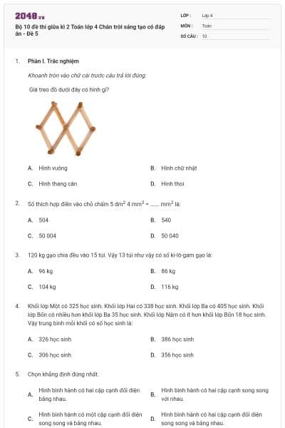 Bộ 10 đề thi giữa kì 2 Toán lớp 4 Chân trời sáng tạo có đáp án - Đề 5