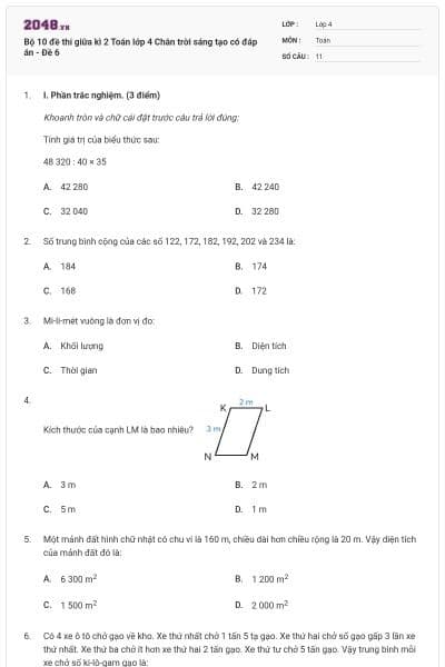 Bộ 10 đề thi giữa kì 2 Toán lớp 4 Chân trời sáng tạo có đáp án - Đề 6