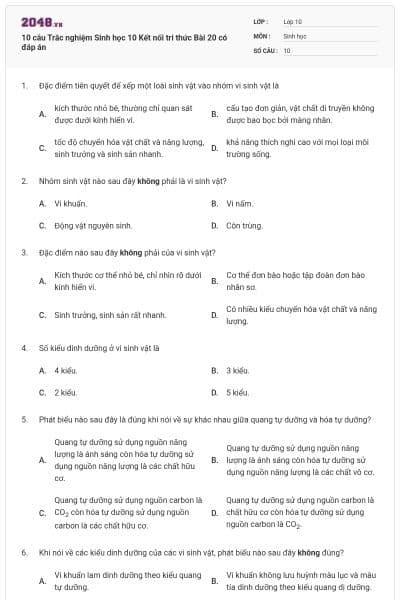10 câu Trắc nghiệm Sinh học 10 Kết nối tri thức Bài 20 có đáp án