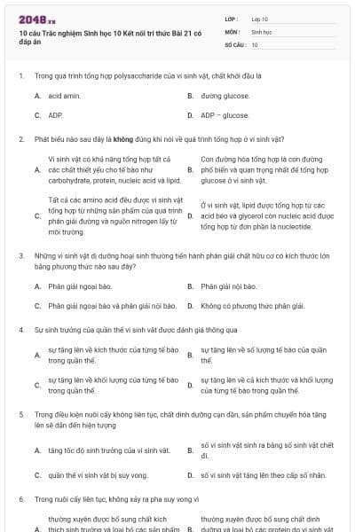 10 câu Trắc nghiệm Sinh học 10 Kết nối tri thức Bài 21 có đáp án