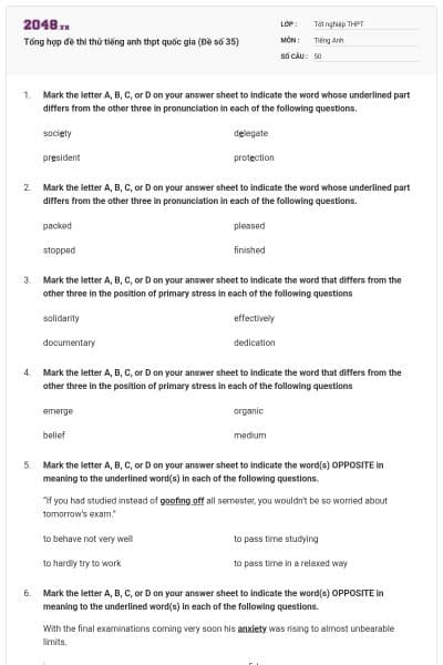 Tổng hợp đề thi thử tiếng anh thpt quốc gia (Đề số 35)